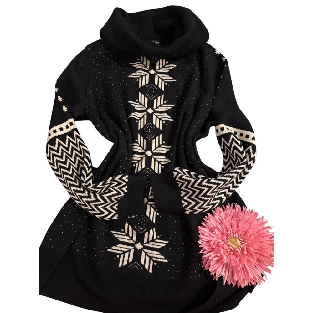 Talbots Black & White Lambswool Cowl Neck Sweater Geometric Snowflake Pattern
